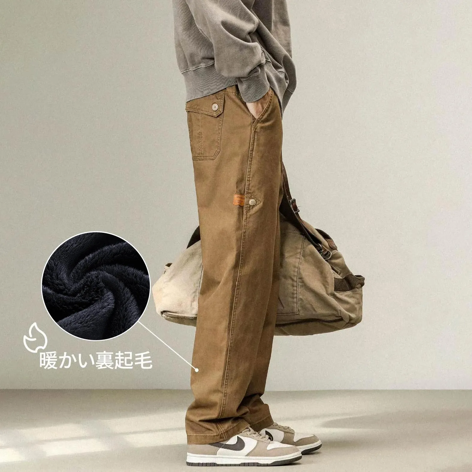 裏起毛 チノパン YKKファスナー 表地コットン100% ウエストゴム 暖パン ゆったり ワークパンツ