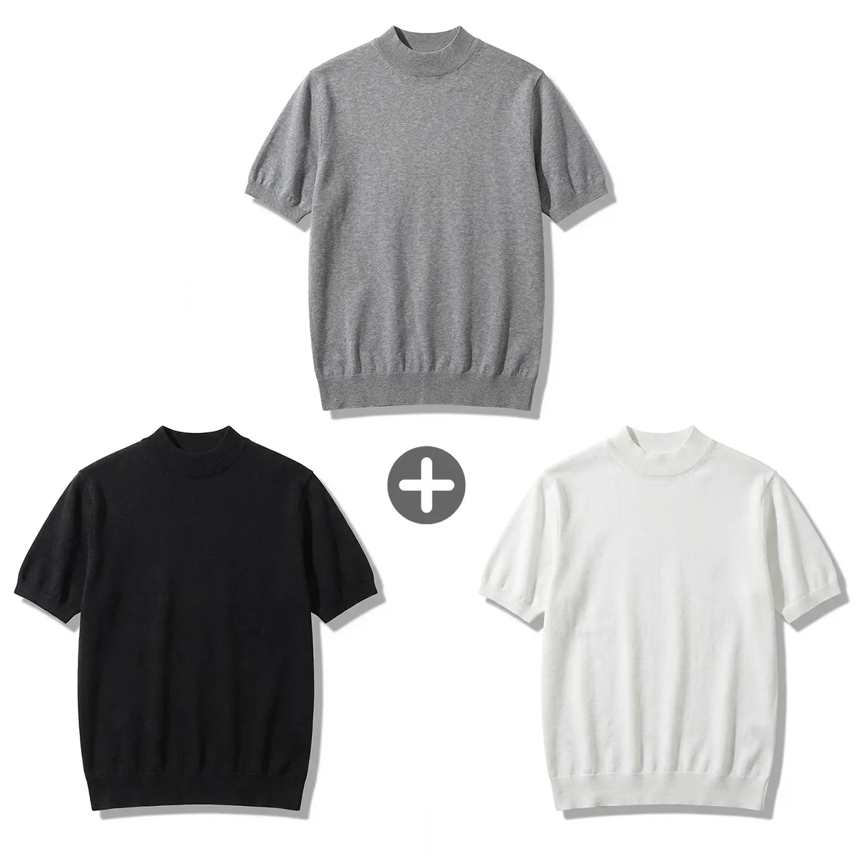 ウール混モックネック半袖ニット　ビジネスカジュアル 立体裁断-Oakln