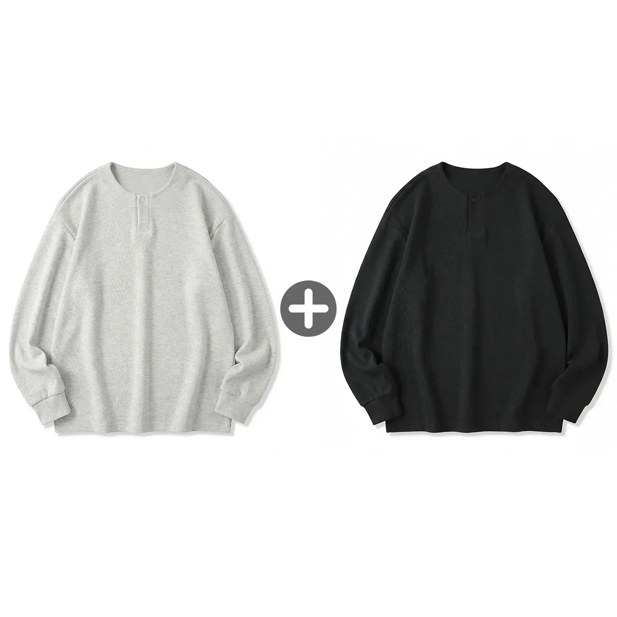 ヘンリーネック長袖Tシャツ 厚手仕様 ツイル コットン混 ドロップショルダー-Oakln