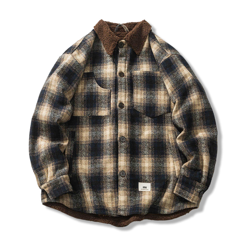 ボア裏地　ツイードチェック柄長袖シャツジャケット-oakln