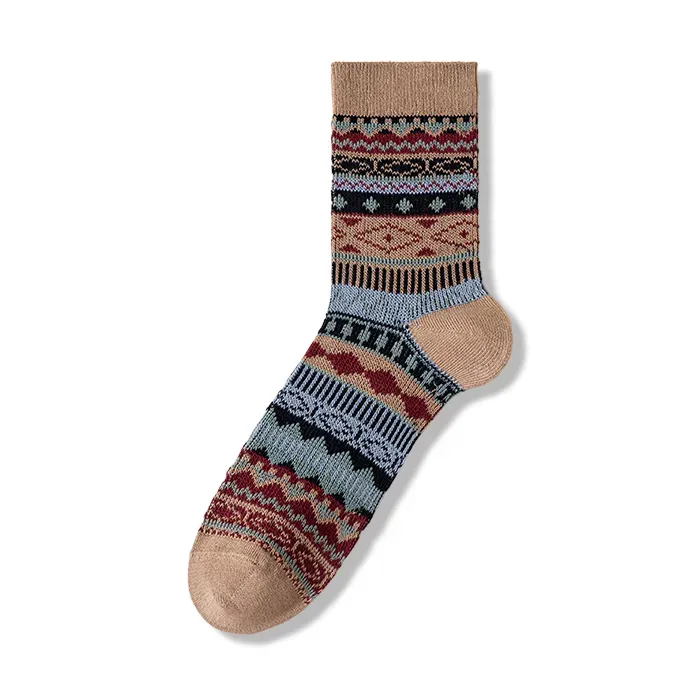  多色可選　配色エスニック柄コットンニットソックス(まとめ買いの対象外)