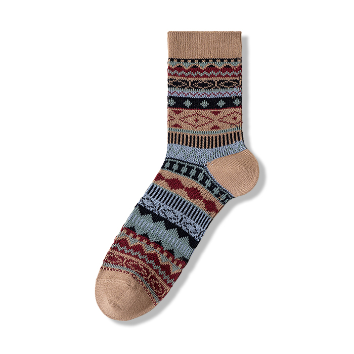  多色可選　配色エスニック柄コットンニットソックス-oakln