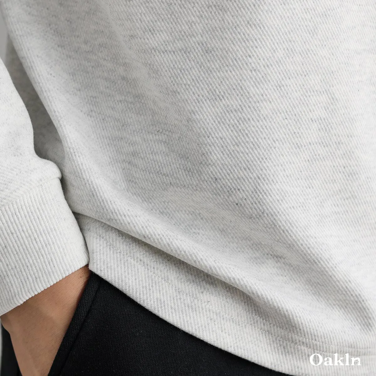 ヘンリーネック長袖Tシャツ 厚手仕様 ツイル コットン混 ドロップショルダー-Oakln