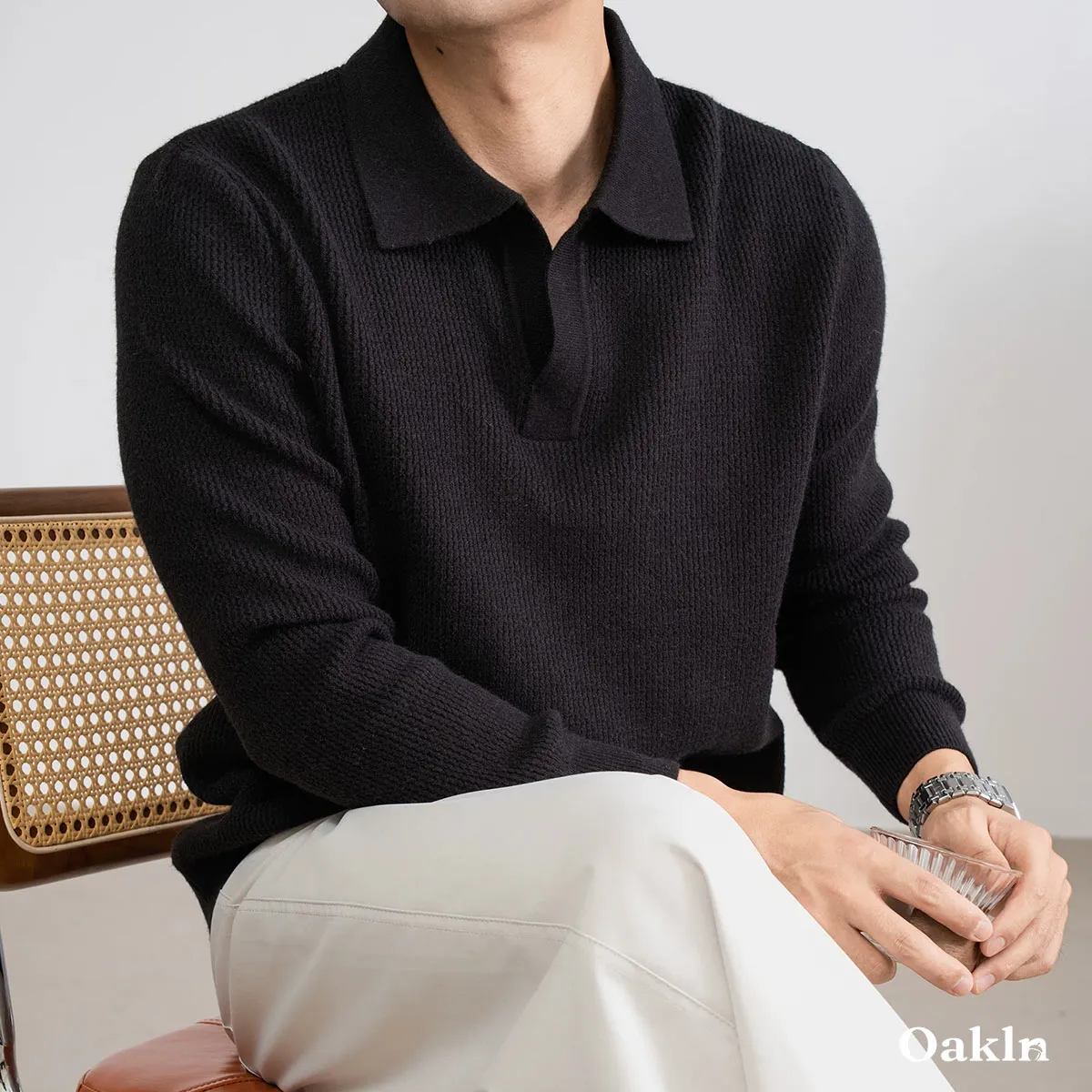  スキッパー ニット 羊毛混 鹿の子編み 襟付き ウォッシャブル ボタンレス ポロネックニット ウール混  立体テクスチャー  洗濯機対応