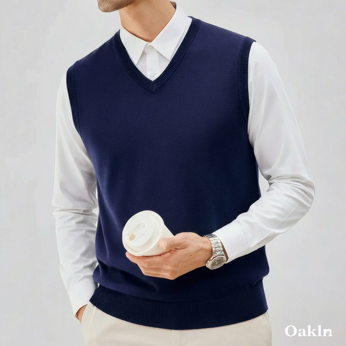 26番双糸 Vネックニットベスト 高弾力 ピリング防止 ビジネス向け-Oakln