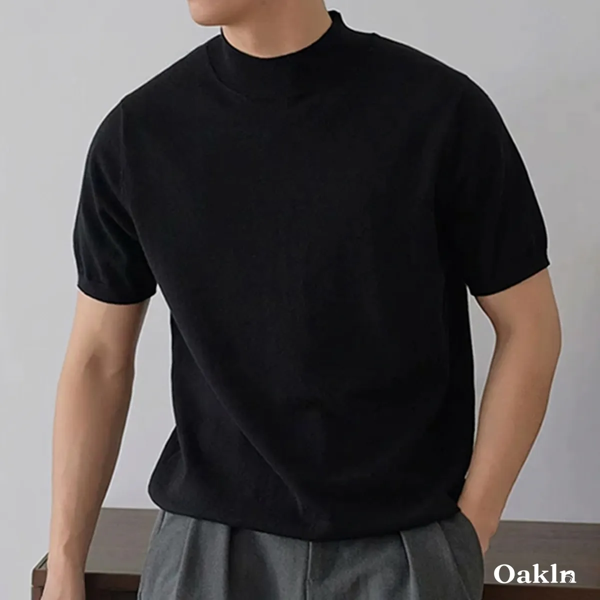 ウール混モックネック半袖ニット　ビジネスカジュアル 立体裁断-Oakln