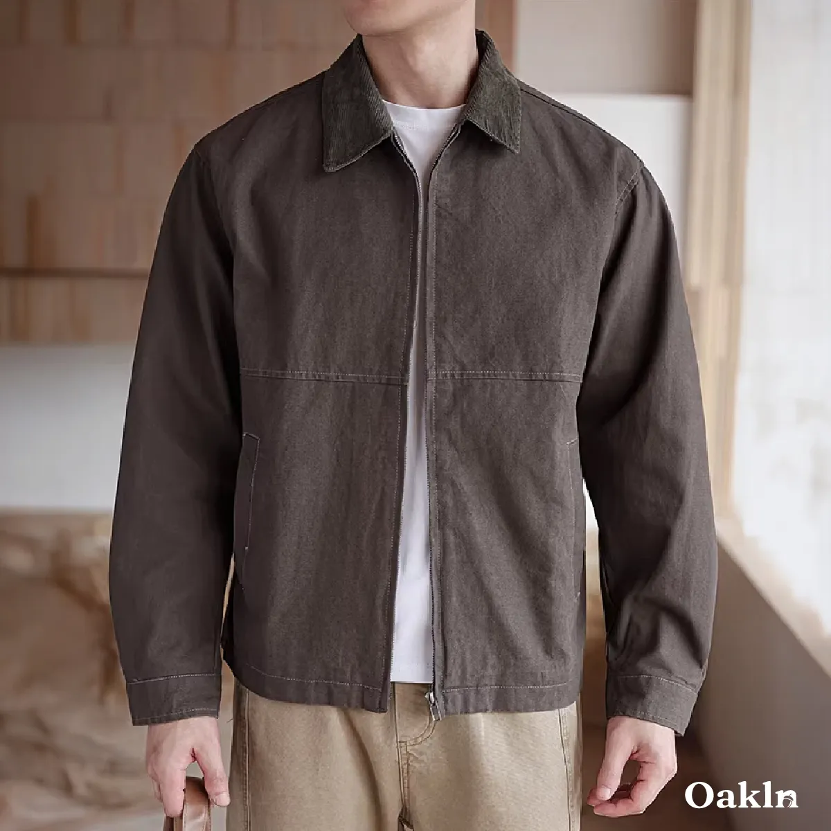 ミニマルデザイン コーデュロイ襟 メンズモダンハリントン ビジネスジャケット-Oakln