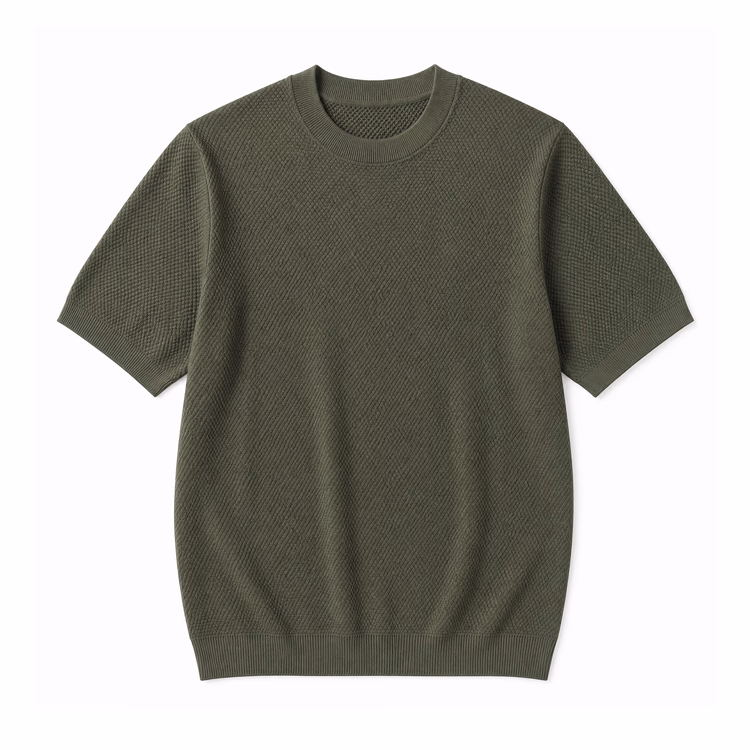 コットン100％ パイナップル編みニットTシャツ 通気性 洗濯機洗い可 毛玉になりにくい 型崩れしにくい