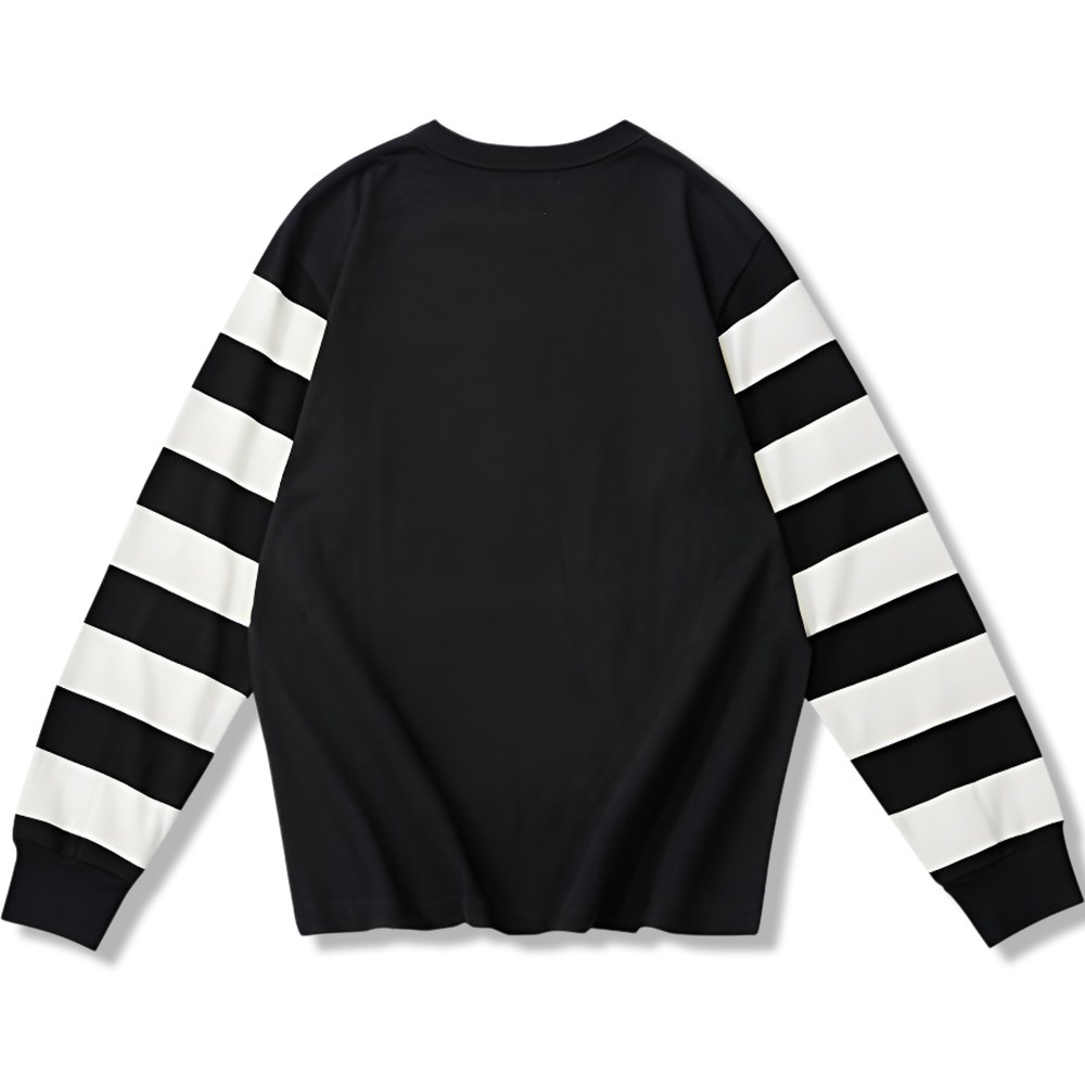 袖切り替えヘビーウェイトバイカー風ボーダー長袖Tシャツ-oakln