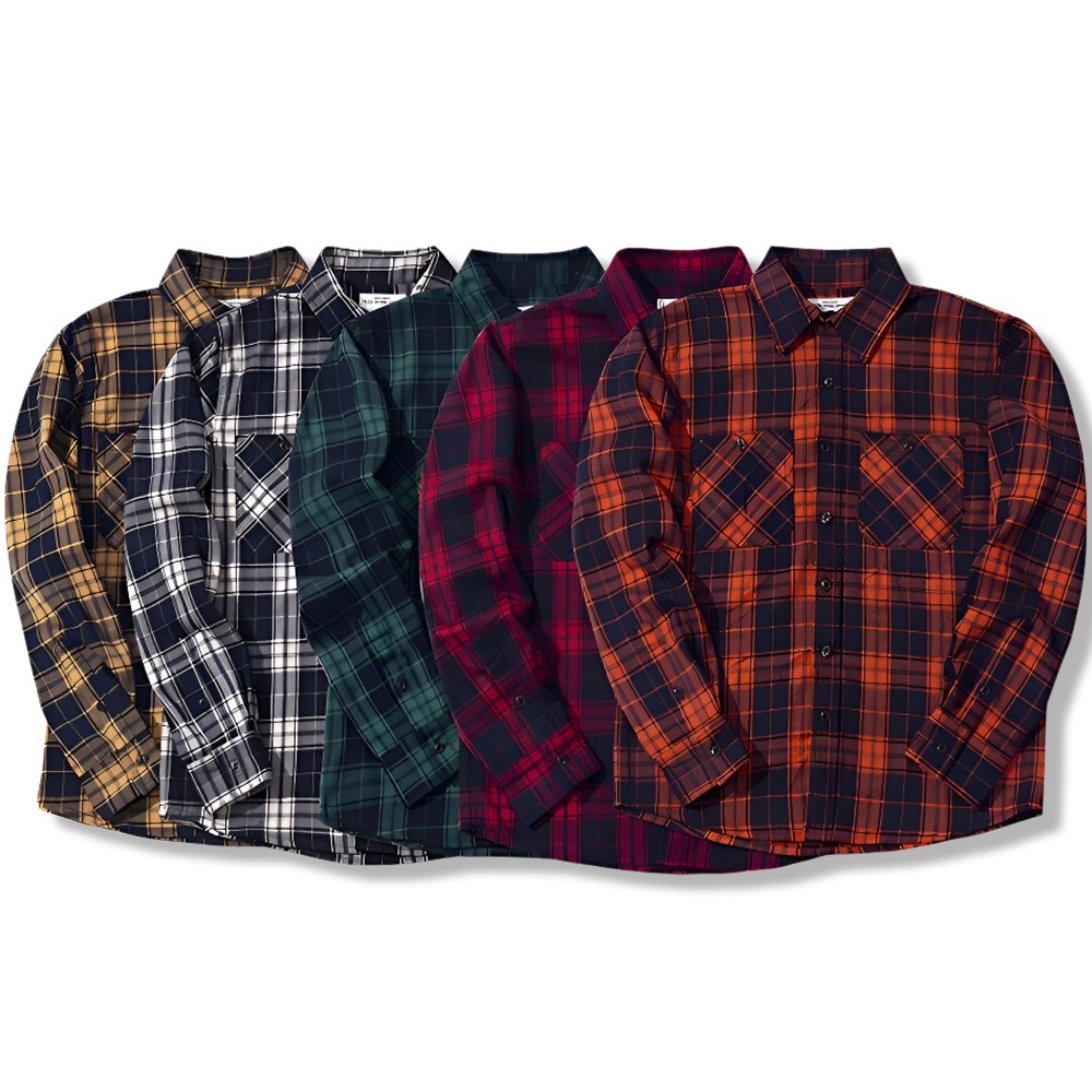 定番デザイン　ヘビーウェイトタータンチェック長袖シャツ-oakln