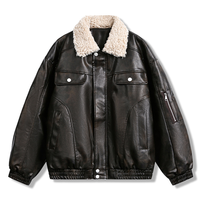 ボア折り襟　クラシックアームポケット付き中綿レザージャケット-oakln