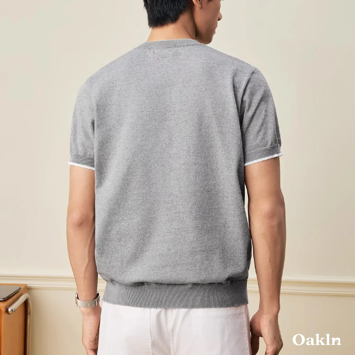 接触涼感 透けにくい メンズシルク混紡ニット-Oakln