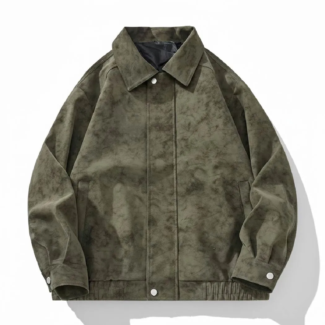 スイングトップ メンズ スエード調 ムラ感 ヴィンテージ加工 レトロ 折り襟 ジャケットアウター 比隠し前立て 春秋向け 軽アウター 大人　洗練されたスタイル-Oakln