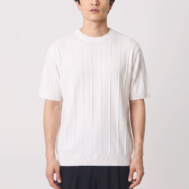 メンズ 縦畝ニット クルーネック半袖 レギュラーフィット ビジネス通勤 上質なニットTシャツ
