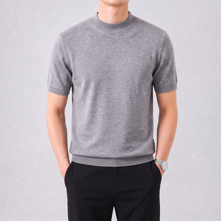冷房対策　上品なモックネックニットTシャツ 　洗濯ネット使用で洗濯機洗い可 　型崩れしにくい