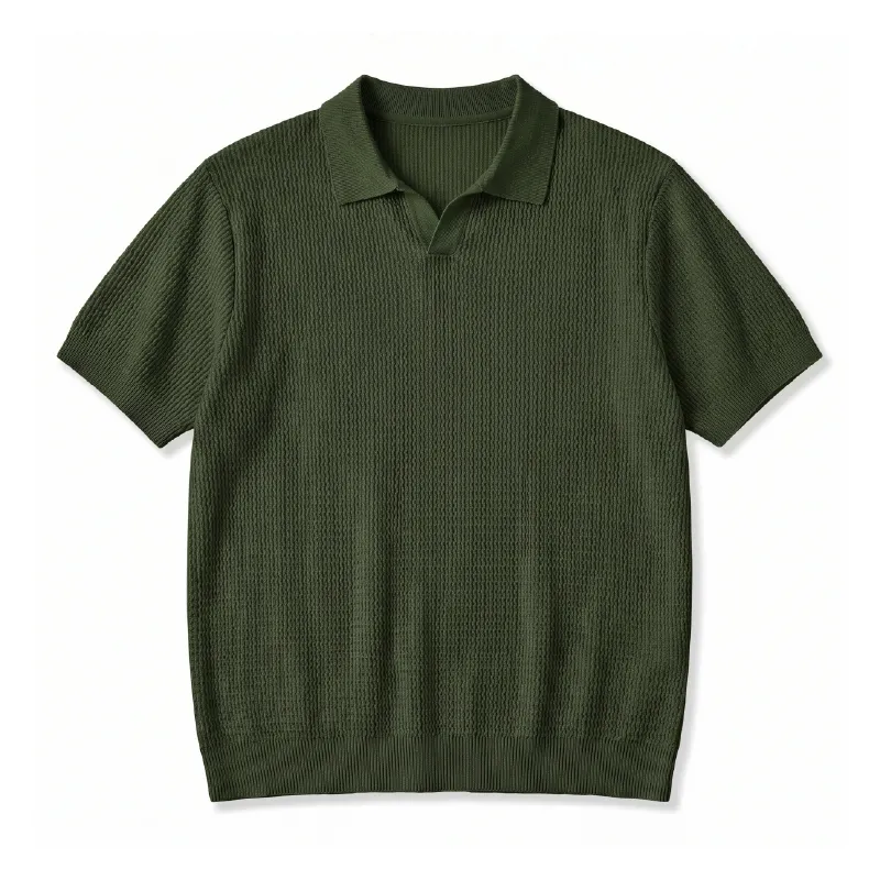立体感のある縦畝ニット接触冷感アイスシルク キューバカラーTシャツ 洗濯機洗い可・型崩れしにくい