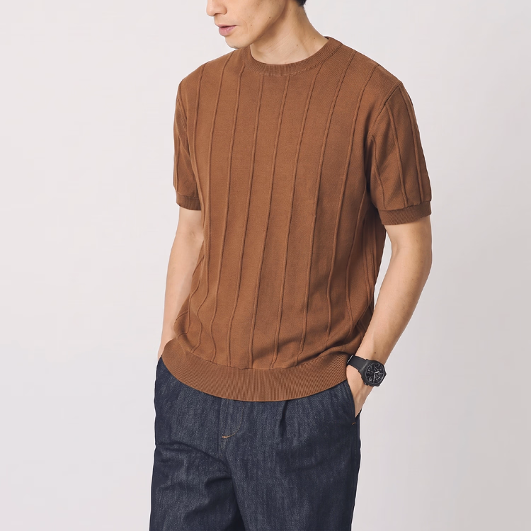 メンズ 縦畝ニット クルーネック半袖 レギュラーフィット ビジネス通勤 上質なニットTシャツ