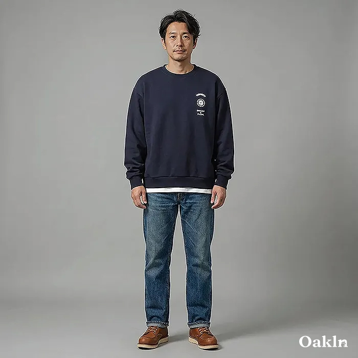 アメリカンヴィンテージ風 アウトドアプリント 配色切替 クルーネックスウェット-oakln