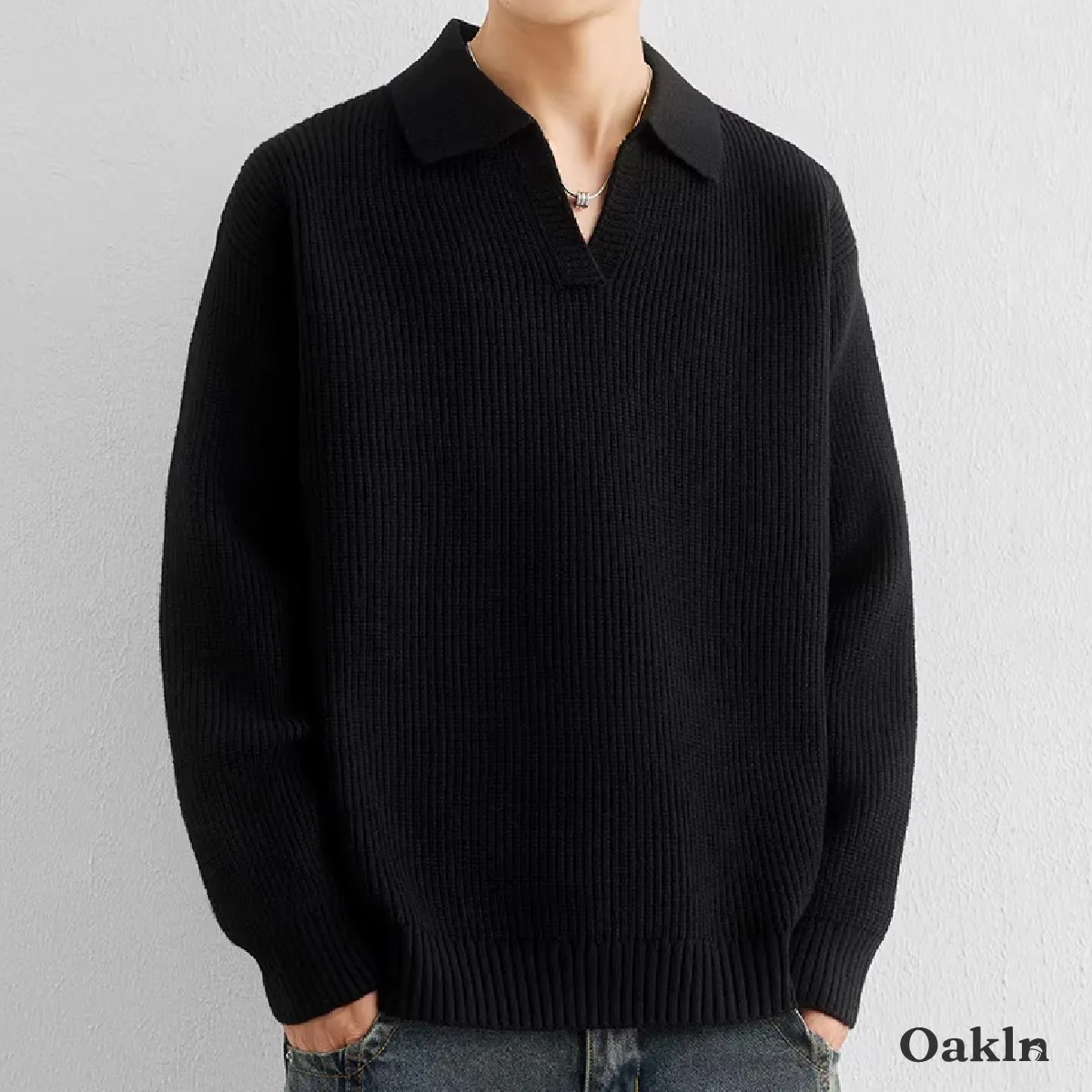 ウォッシャブル 折り襟ニット リブ 畔編み 洗濯機洗い可能 メンズ-Oakln