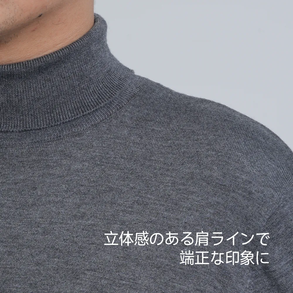 メンズ ウール×シルク混 長袖ニット 16ゲージ 300g ハイネック 秋冬 シワになりにくい 通勤 カジュアル トップス