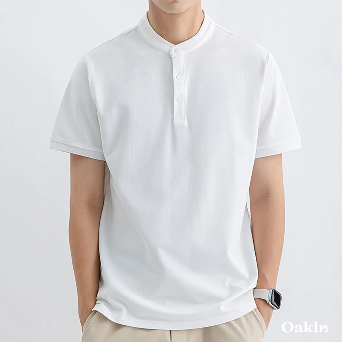 高混率コットンヘンリーネック半袖 ハリ感 通気性 ビジネスカジュアルスタイル-Oakln