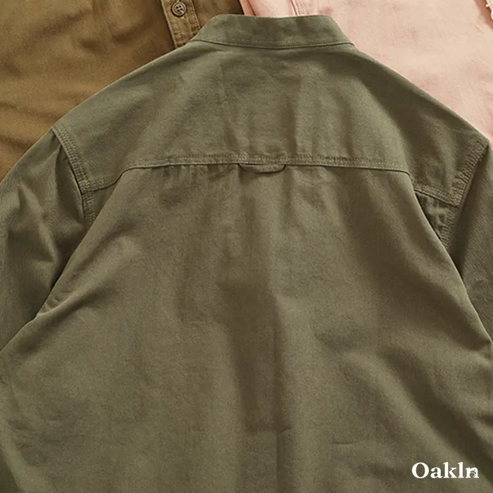 多色展開　スタンドカラーコットン長袖シャツ