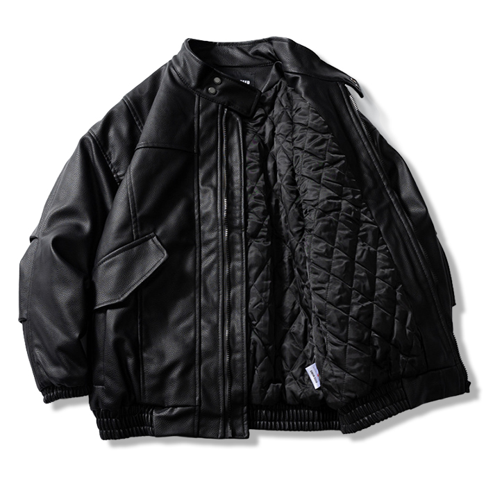 エコレザーシュリンク加工　クラシック中綿入りライダースジャケット-oakln