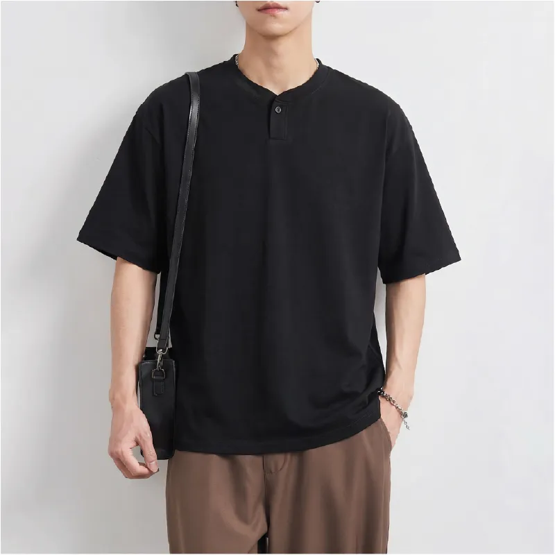 ヨレにくいヘンリーネック無地Tシャツメンズ　ゆったりシルエット