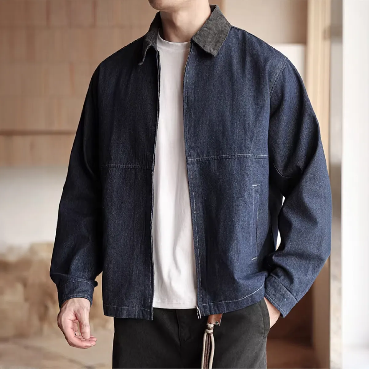 ミニマルデザイン コーデュロイ襟 メンズモダンハリントン ビジネスジャケット-Oakln