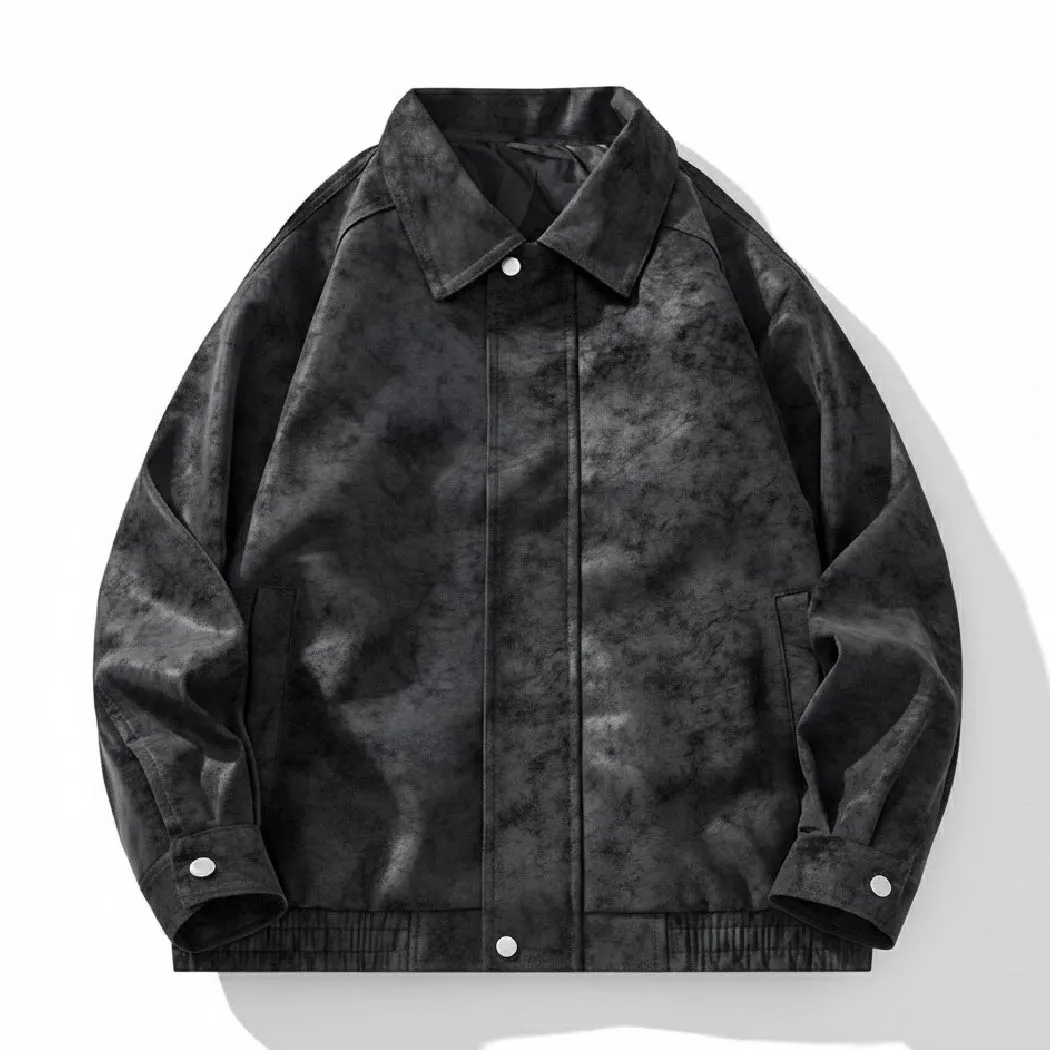 スイングトップ メンズ スエード調 ムラ感 ヴィンテージ加工 レトロ 折り襟 ジャケットアウター 比隠し前立て 春秋向け 軽アウター 大人　洗練されたスタイル-Oakln