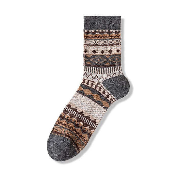  多色可選　配色エスニック柄コットンニットソックス-oakln