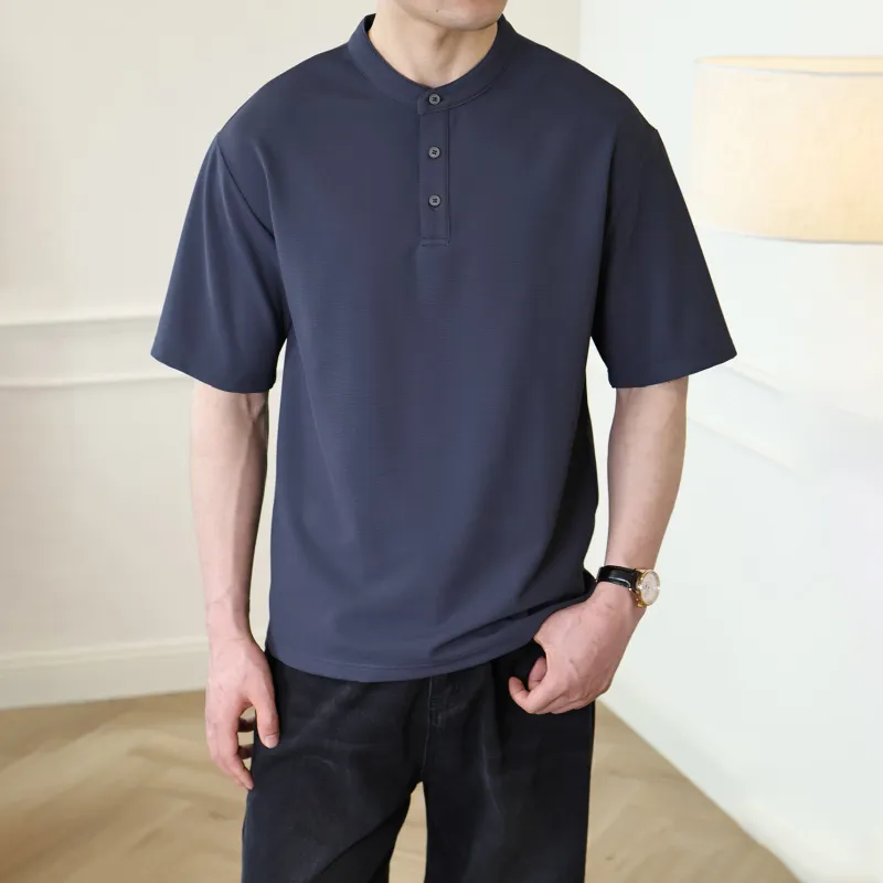 立体的なワッフル編みヘンリーネック　ハリ感のある通気性抜群Tシャツ