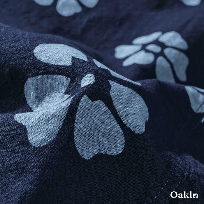 藍染めプリント柄付き半纏五分袖