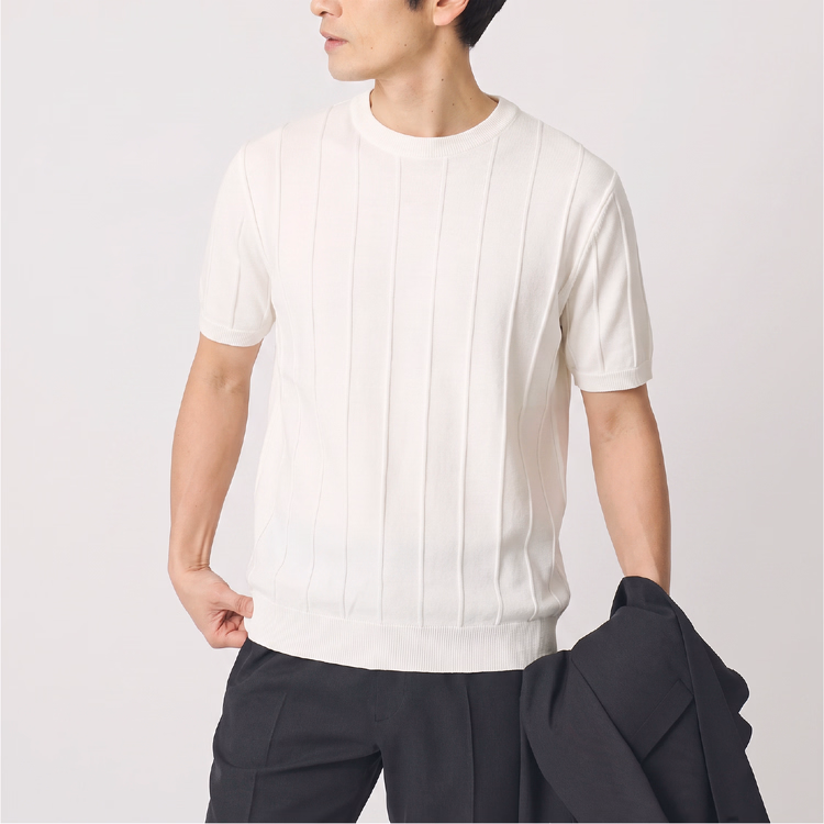 メンズ 縦畝ニット クルーネック半袖 レギュラーフィット ビジネス通勤 上質なニットTシャツ