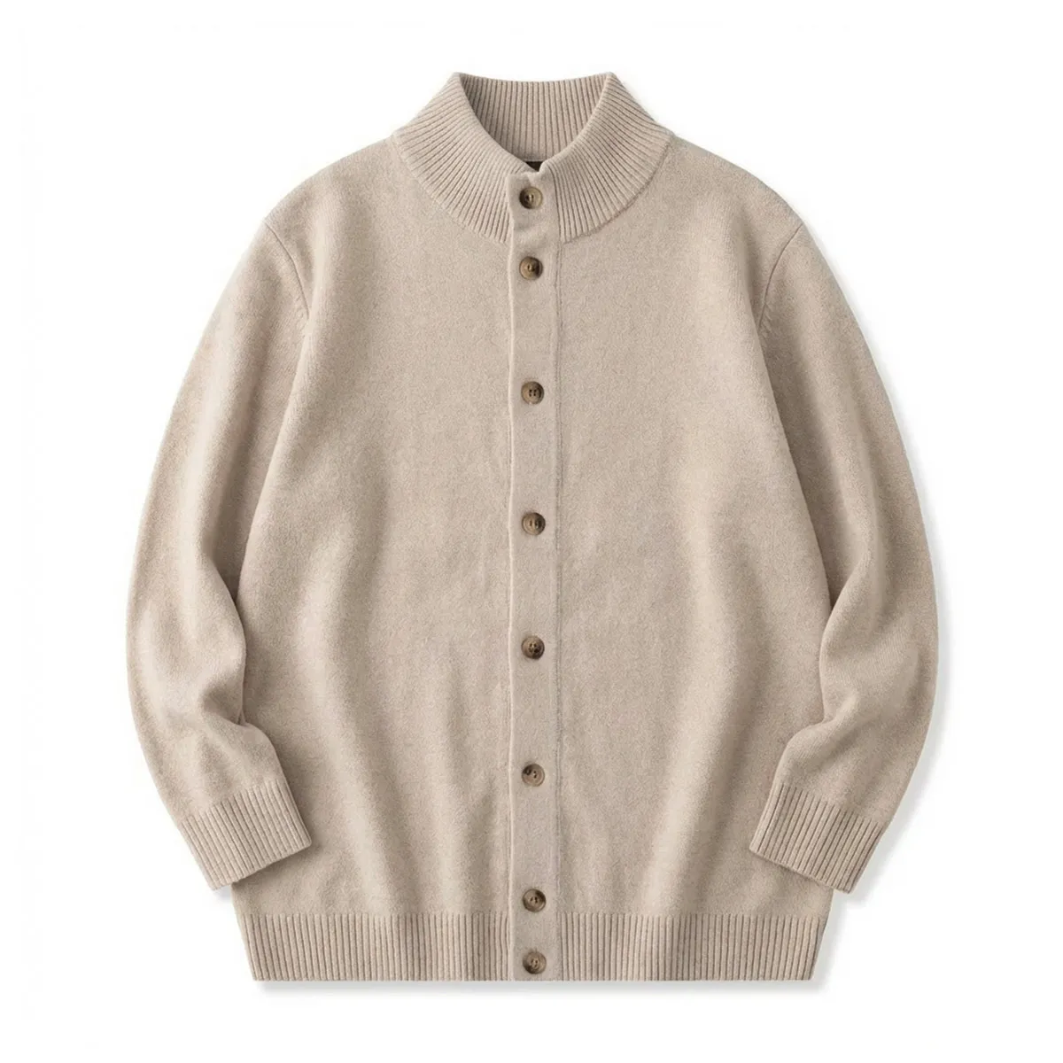 ハイネックニットカーディガン ウール混 伸縮性あり リブ袖 柔らかい-Oakln