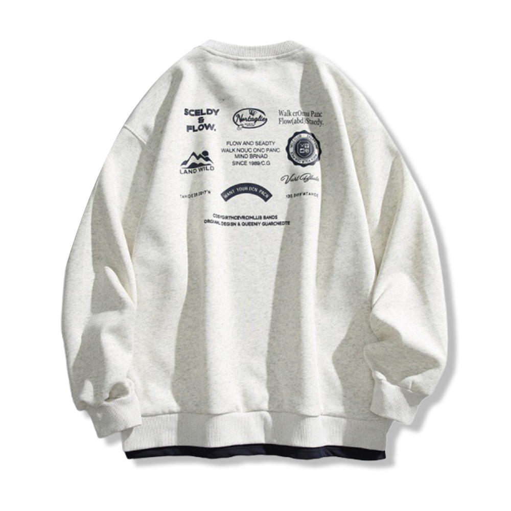 アメリカンヴィンテージ風 アウトドアプリント 配色切替 クルーネックスウェット-oakln