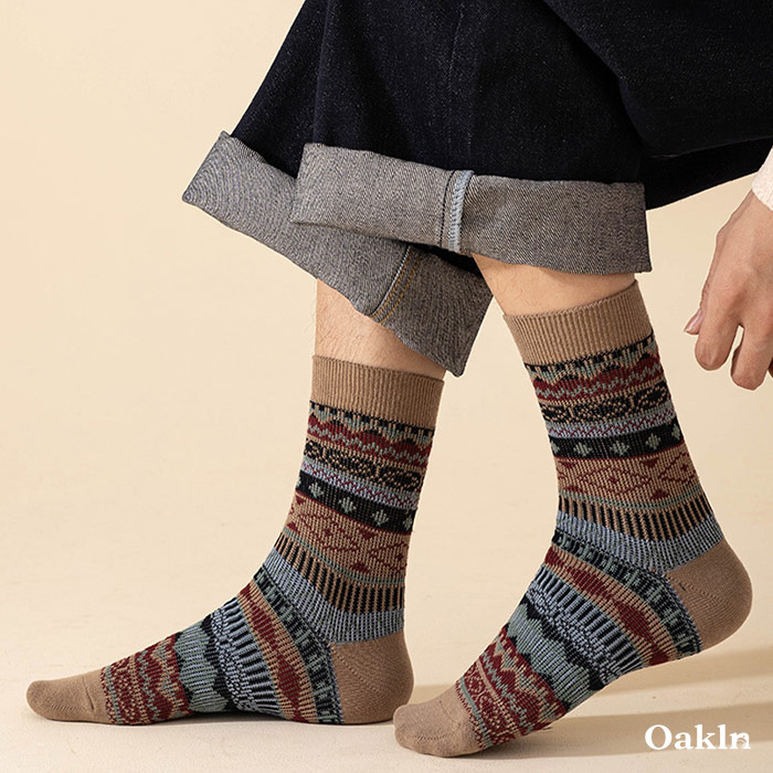  多色可選　配色エスニック柄コットンニットソックス
