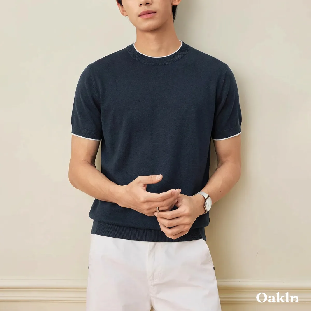 接触涼感 透けにくい メンズシルク混紡ニット-Oakln