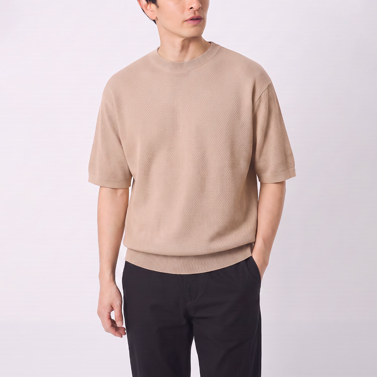 コットン100％ パイナップル編みニットTシャツ 通気性 洗濯機洗い可 毛玉になりにくい 型崩れしにくい