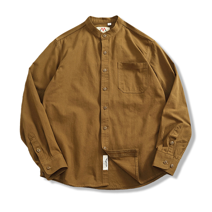 多色展開　スタンドカラーコットン長袖シャツ-oakln