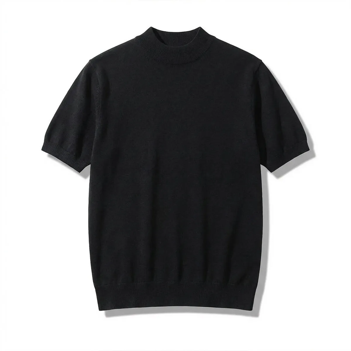 ウール混モックネック半袖ニット　ビジネスカジュアル 立体裁断-Oakln