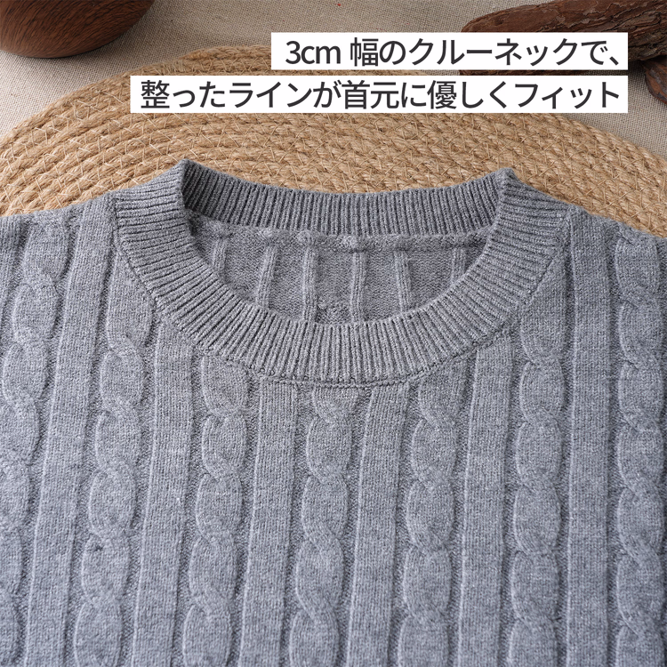 メンズ クルーネック ケーブル編みニット 3cm幅のベーシックネック 立体的なケーブル編み 秋冬 通勤 カジュアル 長袖トップス
