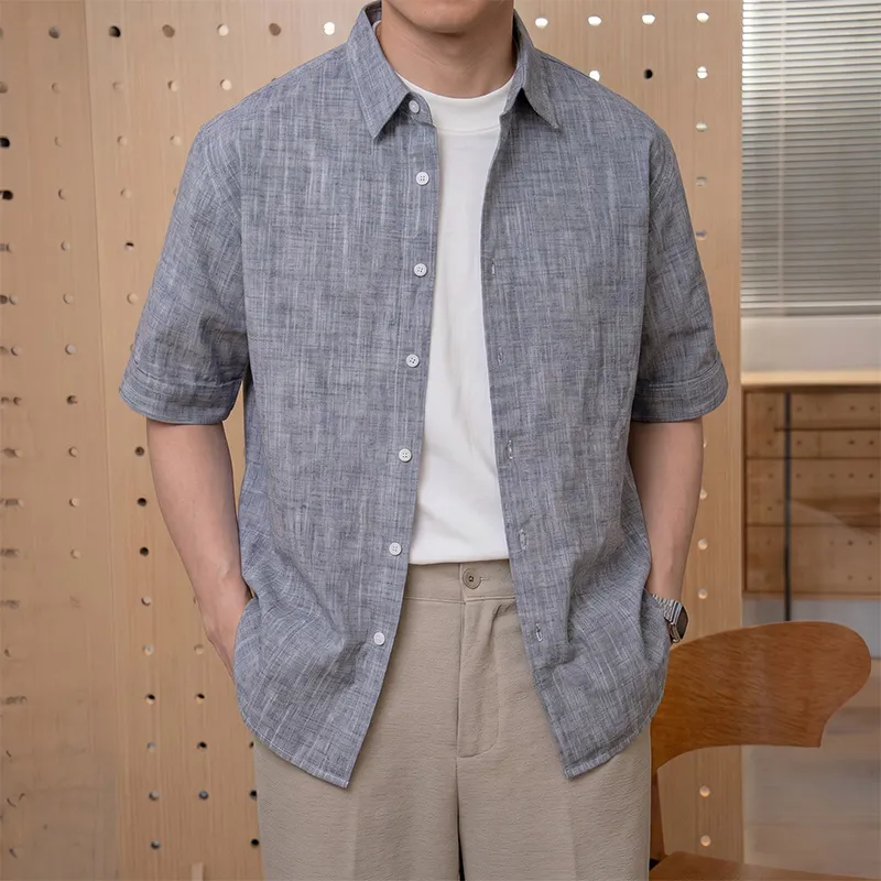 コットン100％のリネン調素材  接触冷感ベタつかない半袖シャツ