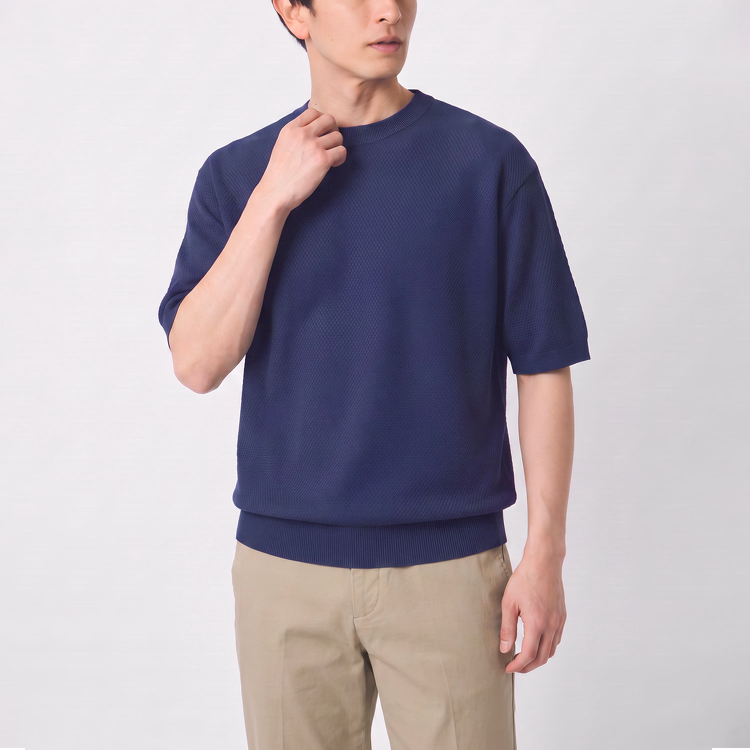 コットン100％ パイナップル編みニットTシャツ 通気性 洗濯機洗い可 毛玉になりにくい 型崩れしにくい