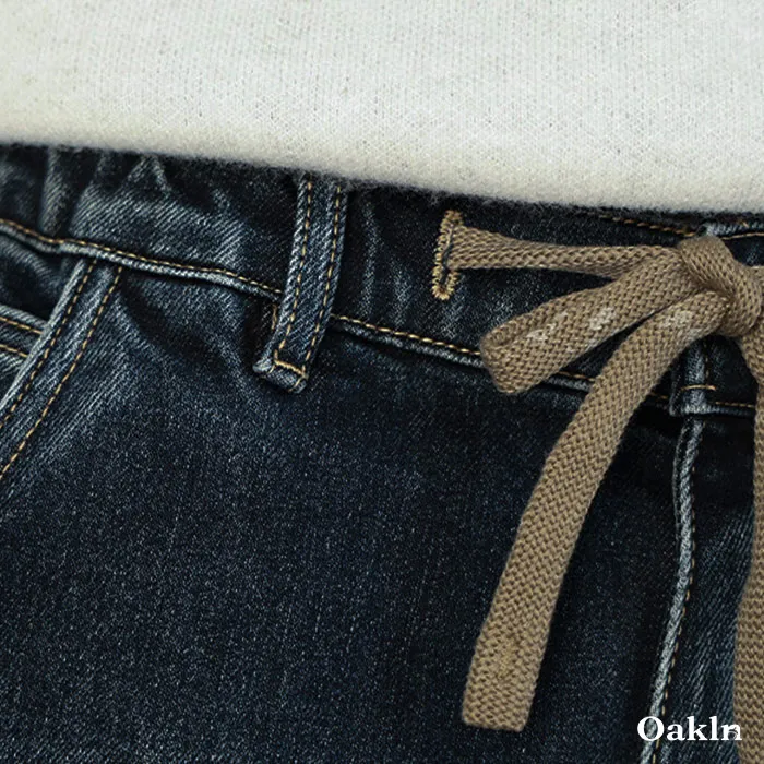裏起毛 デニム イージーパンツ コットン混 ストレッチ ウエストゴム ドローコード調節 暖パン-Oakln