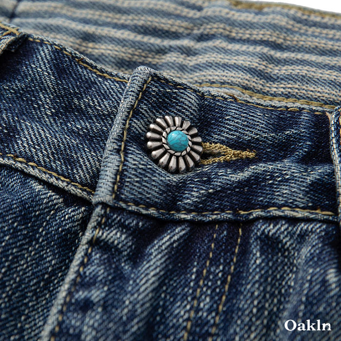 ターコイズ「Concho」ボタン付き ヘビーウェイトストレートデニム