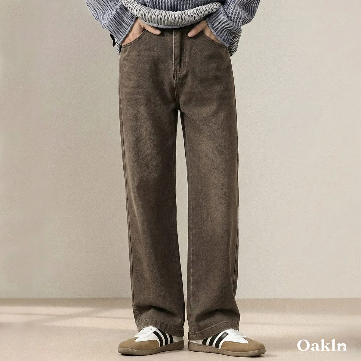 脚長見えワイドストレート コットン100％ ウエストゴム仕様-Oakln