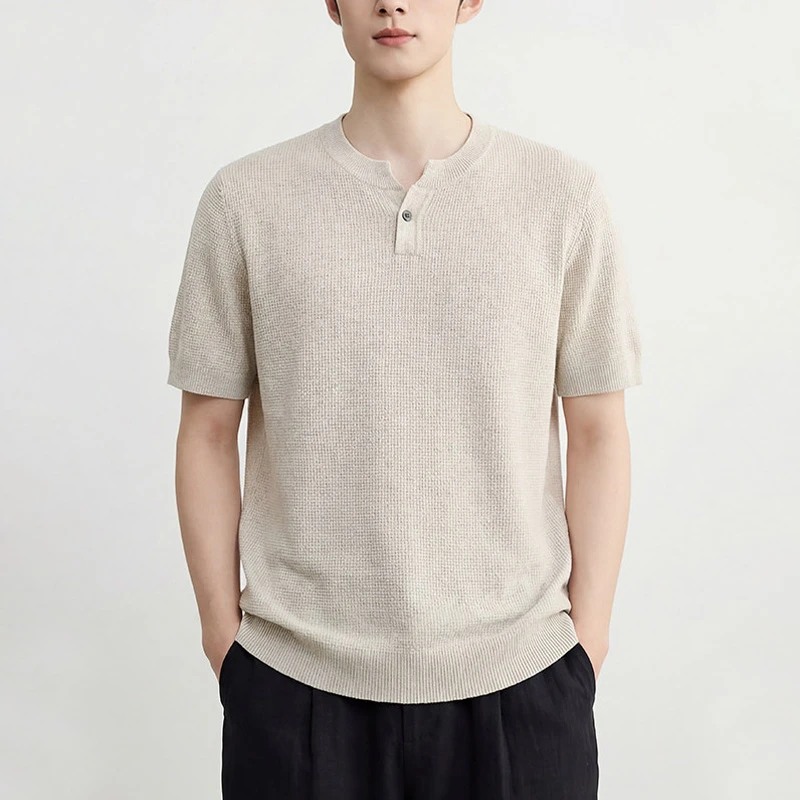 パイナップル編みでサラッとした肌触り　透けないヘンリーネックTシャツ　洗濯機で洗っても型崩れしない