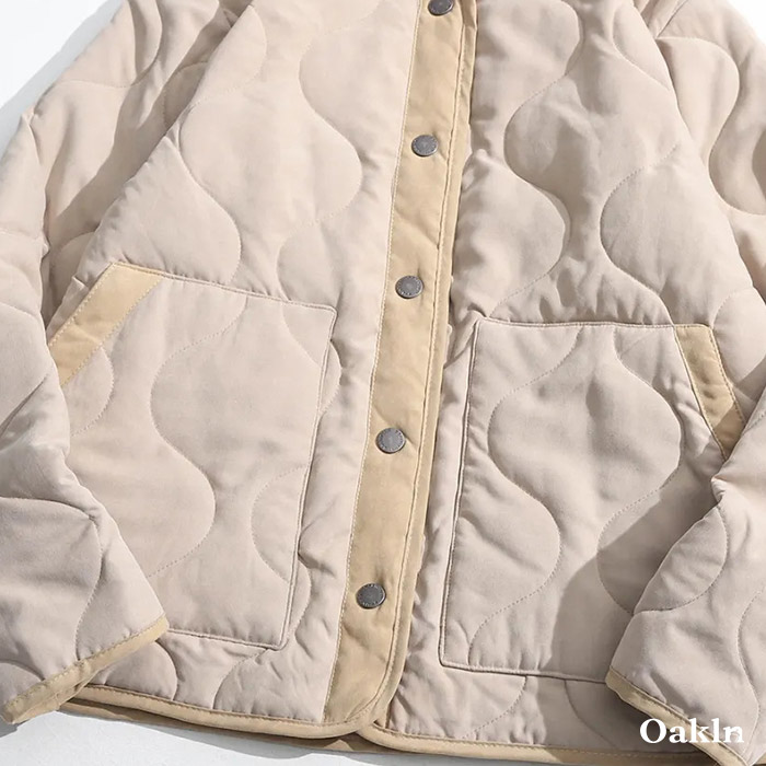ピーチスキンノーカラー　中綿キルティングジャケット-oakln