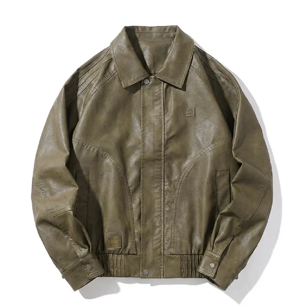 ヴィンテージ風 PUレザー 折り襟付きジャケット｜背面ステッチディテール 本体素材ゴム仕様 防風ジャケット-Oakln
